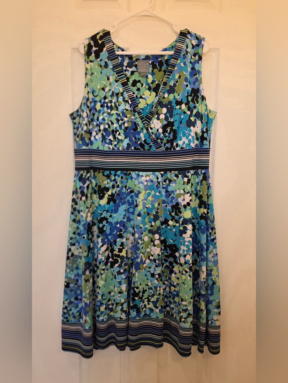 Sleeveless Blue Mosaic V-Neck Fit & Flare Dress